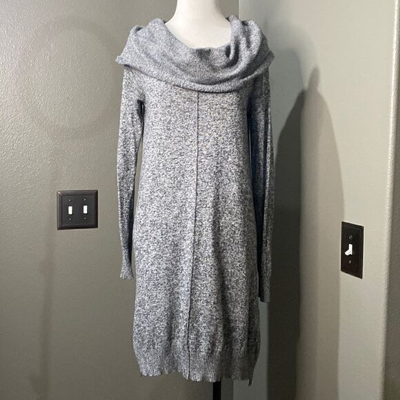 Express Black White Marled Slouchy Cowl Neck Sweater Tunic Dress - Picture 2 of 11